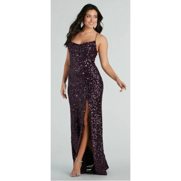Plum Esperanza Formal Sleeveless A-line Front Slit Sequin Long Dress Sz S (758) - Picture 6 of 16